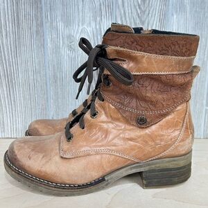 Dromedaris KARA PRINT Saddle Brown Leather Lace Up Zip Side Heeled Boot 8.5